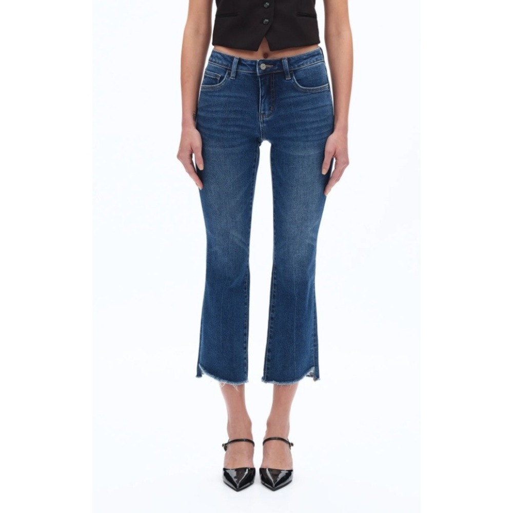 Bayeas Stepped Frayed Hem Jeans Blue Medium Wash Cropped Straight Leg Denim 31